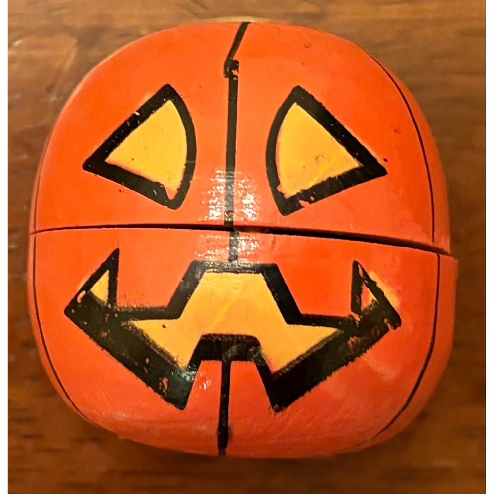 Vintage Wooden Jack-O-Lantern Pumpkin Surprise Box with Hidden Spider Decor